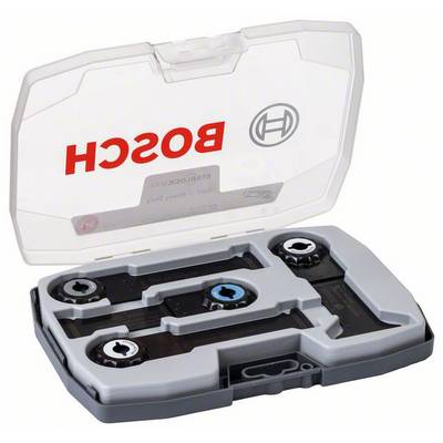 Open plastic box with four black Bosch screwdriver bits. The box displays the Bosch logo on the transparent lid.
