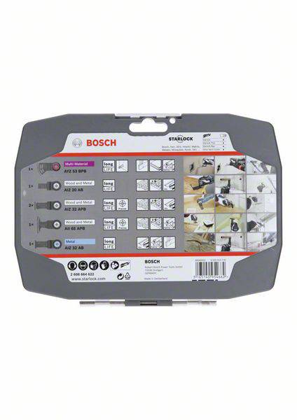 Figure shows the reverse side of a Bosch accessory packaging with tables and pictograms representing various applications.