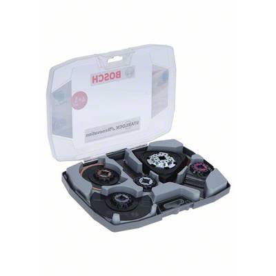 A Bosch open tool case with multiple grinding discs and attachments, organised in different compartments for easy removal.