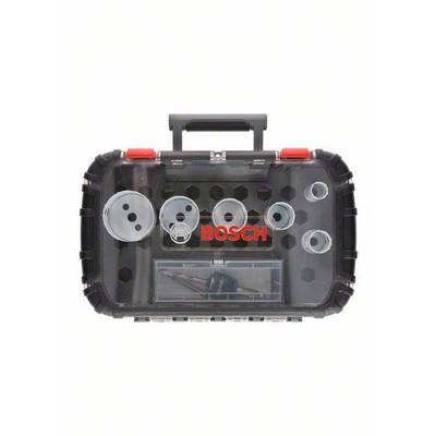 Bosch storage box with drill crowns and accessories, transparent lid, displaying tools organised and readily accessible.
