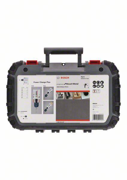 Plastic carry case with Bosch logo, containing 'Power Change Plus' accessories for drilling and sawing in wood and metal. Contains 9 pieces.