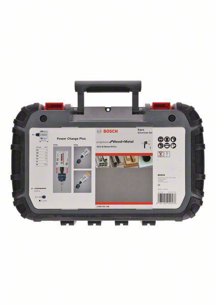 'Bosch tool kit for woodworking and metalworking, showing attachments and instructions. Contains cylindrical box, partially transparent.'