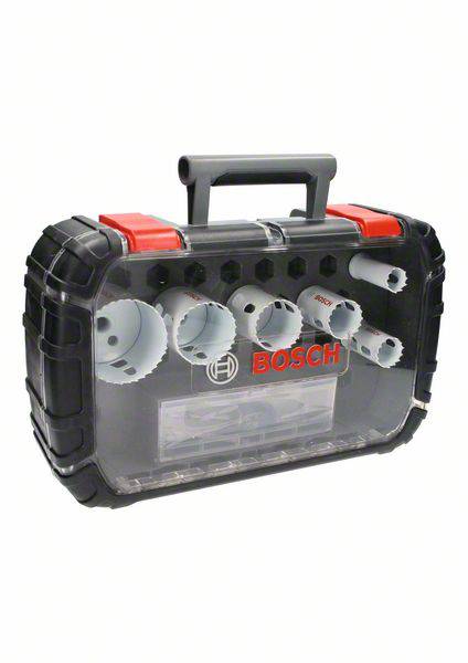 Transparent Bosch-branded drill crown case. Contains drill crowns in various sizes and a carrying handle.