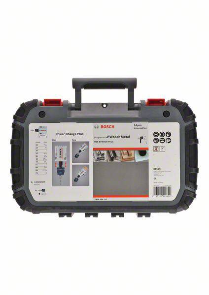 Bosch tool case for drill bits, with lid illustration of accessories for wood and metal processing. Contains multiple drill heads.