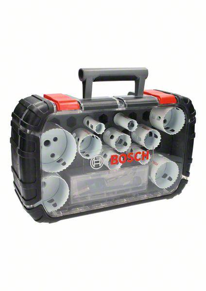 A Bosch drill crown set in a transparent plastic case with a handle. Several drill crowns of varying sizes are visible.