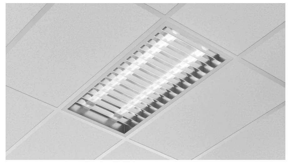 Fluorescent ceiling light fixture with a grid pattern in an office setting.