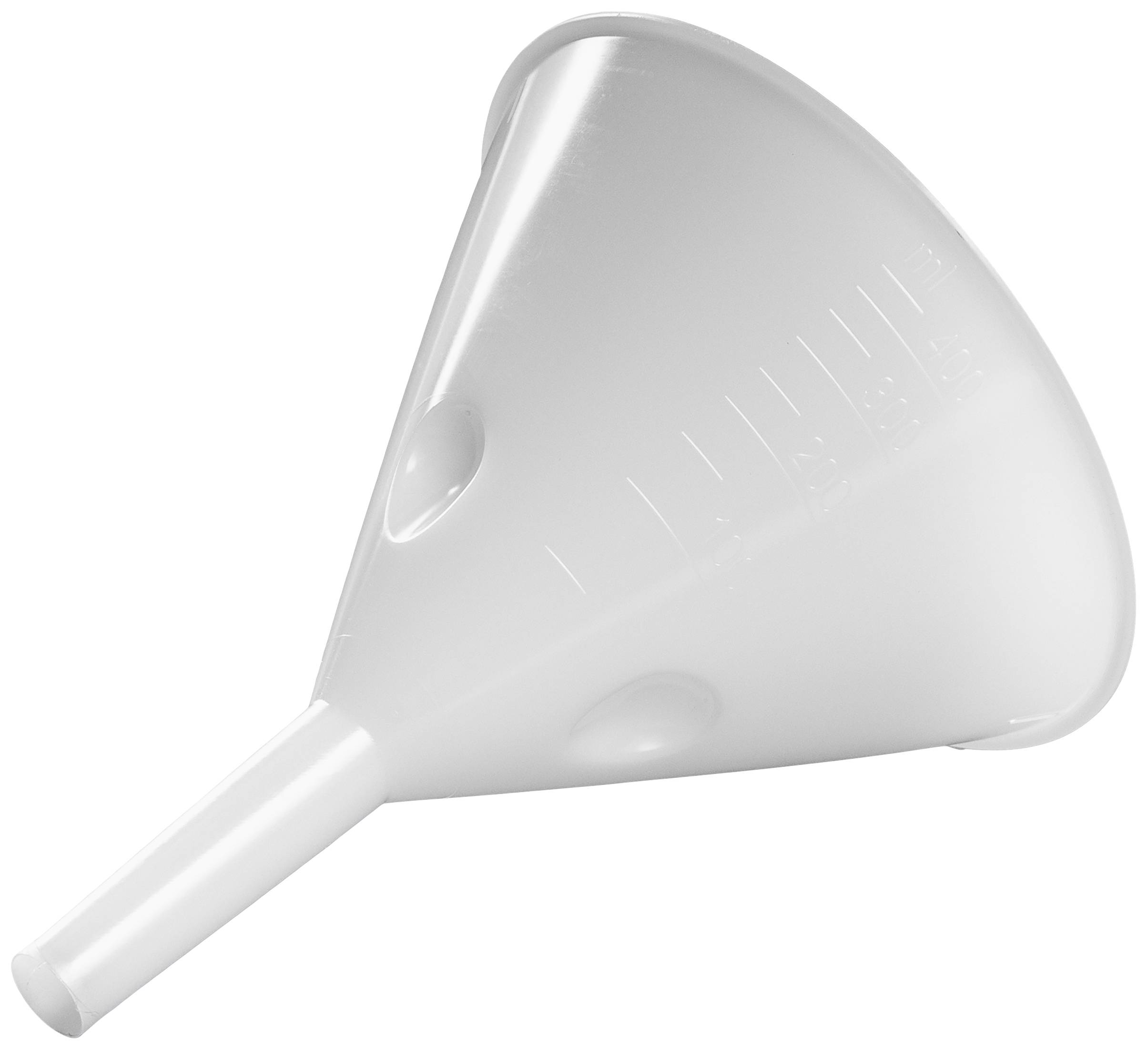 A white plastic funnel with a long spout and measurement markings on the side, used for transferring liquids.