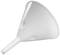 A white plastic funnel with a long spout and measurement markings on the side, used for transferring liquids.