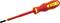 Red flat screwdriver with insulated handle and yellow accents, suitable for electrical installation work.