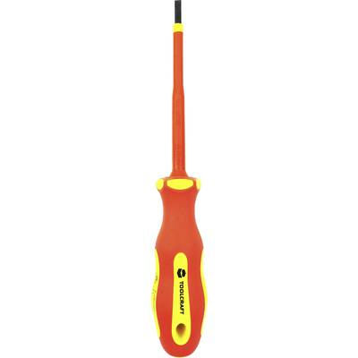 A red and yellow screwdriver with an insulated handle and a flat tip, suitable for electrical work.
