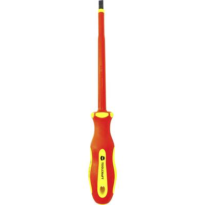 'Colourful screwdriver with insulated handle, suitable for electrical work, lies on white background.'