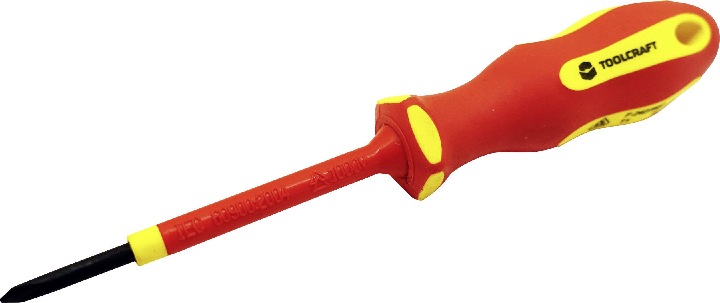 A red screwdriver with an insulated handle and yellow accents. Suitable for electrical tools.