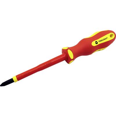 An insulated screwdriver with a red and yellow handle, suitable for work on electrical devices, with the inscription 'TOOLCRAFT'.