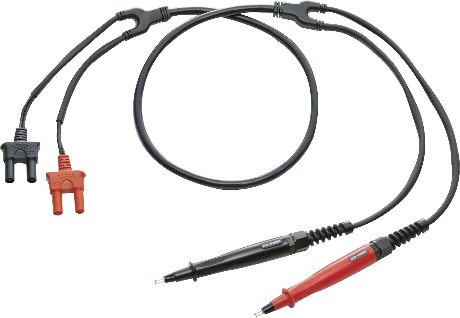 Black and red multimeter test leads with crocodile clips at one end and insulated pin probes at the other.