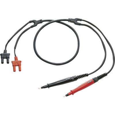 Black and red multimeter test leads with crocodile clips at one end and insulated pin probes at the other.