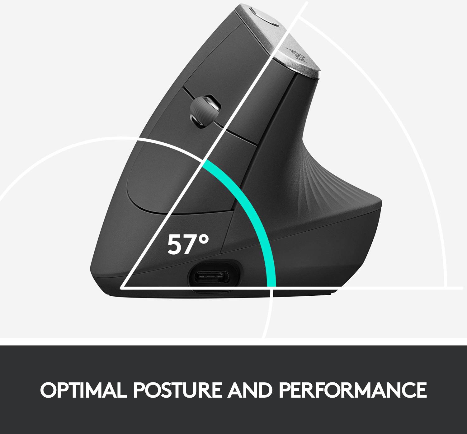 Ergonomic mouse with vertical design at a 57-degree angle, promoting optimal hand positioning and performance.