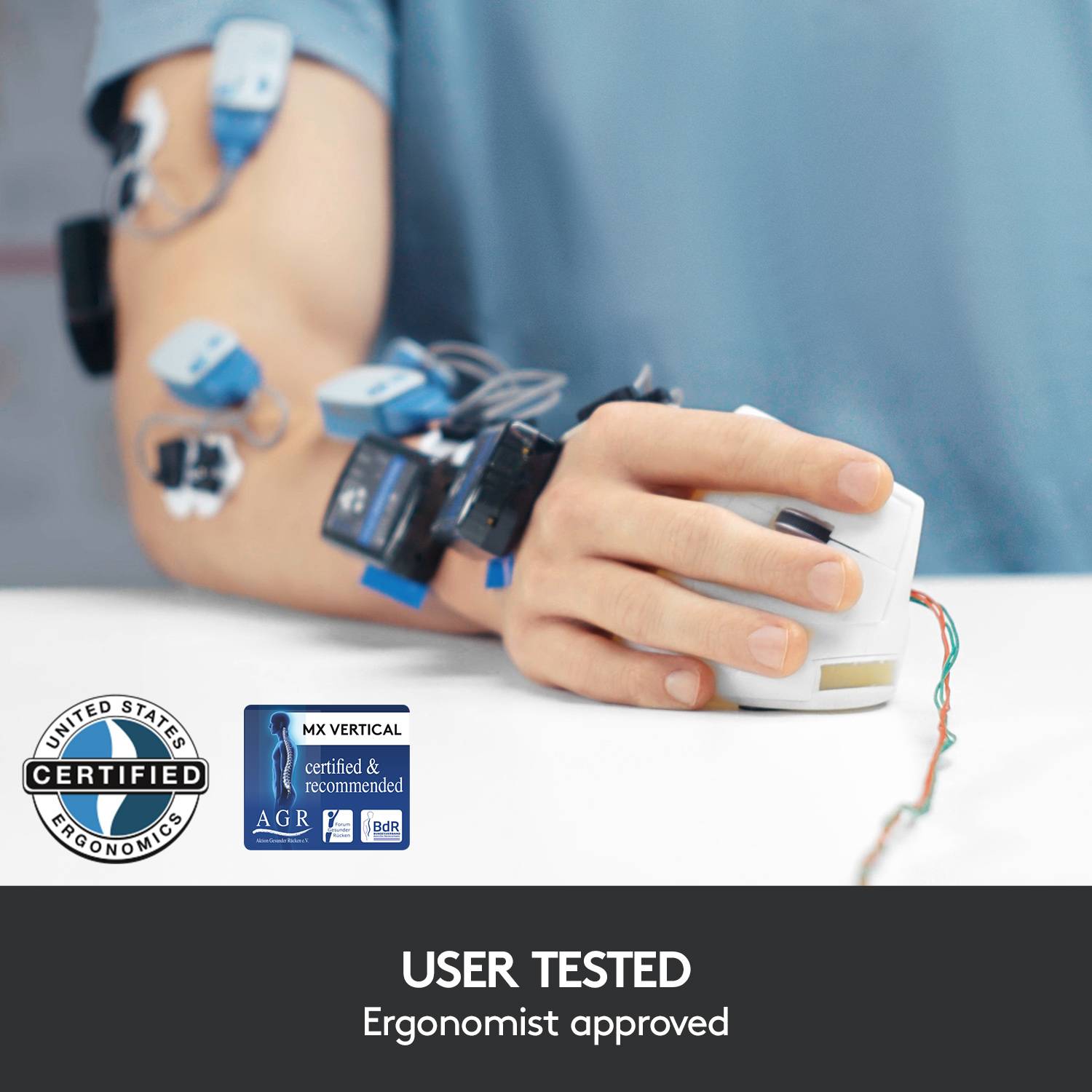 Someone is testing an ergonomic device. The text shows: 'Tested by Users.' FIRA and AGR seals are visible.