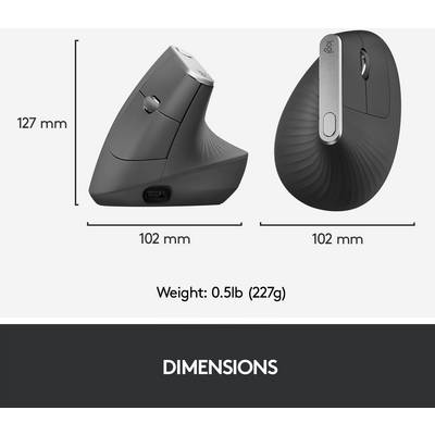 Dimensions of an ergonomic mouse: Height 127 mm, Width 102 mm. Weight: 0.5 lb (227 g). Side view and rear view shown.