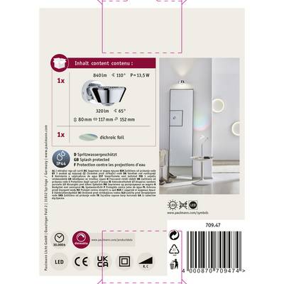 'Paulmann LED Wall Light', with splash protection, 13.5W power, 840 lumens brightness. Suitable for indoor spaces, modern design.