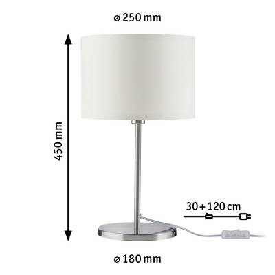 Table lamp with white shade, height 450 mm, shade diameter 250 mm, base diameter 180 mm. Cable 30+120 cm long.