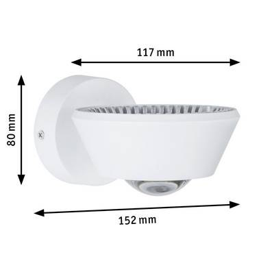White wall lamp with dimensions: Height 80 mm, Width 117 mm, Depth 152 mm. Round shape with wide lampshade.