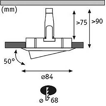 Diagram shows dimensions and tilt angle of a round ceiling light: diameter 84 mm, mounting opening 68 mm, tilt angle 50 degrees.