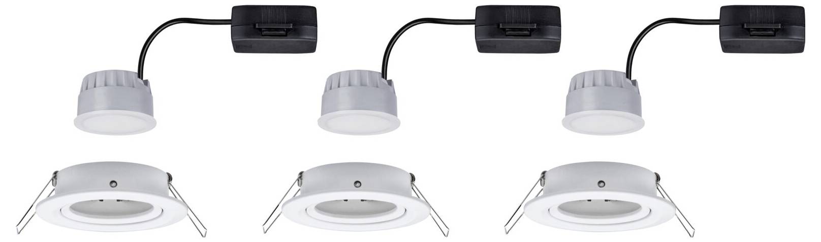 Three round LED recessed spotlights with white frames and black connectors mounted in a row.