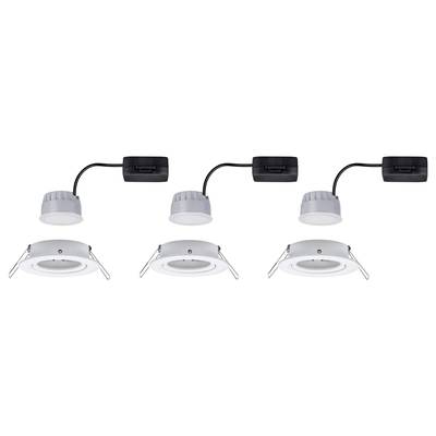 Three round LED recessed spotlights with white frames and black connectors mounted in a row.