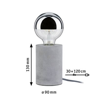 A modern table lamp with a cylindrical concrete base and silver light bulb. Dimensions: height 130 mm, diameter 90 mm. Cable: 150 cm.