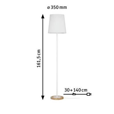 Floor lamp with white shade, height 161.5 cm, shade diameter 350 mm, cable length 170 cm, round wooden base.