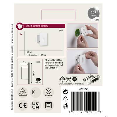 'LED module 107 lumens, 12W, 50lm, 230V. Symbol legend shows symbols for indoor use and energy rating.'