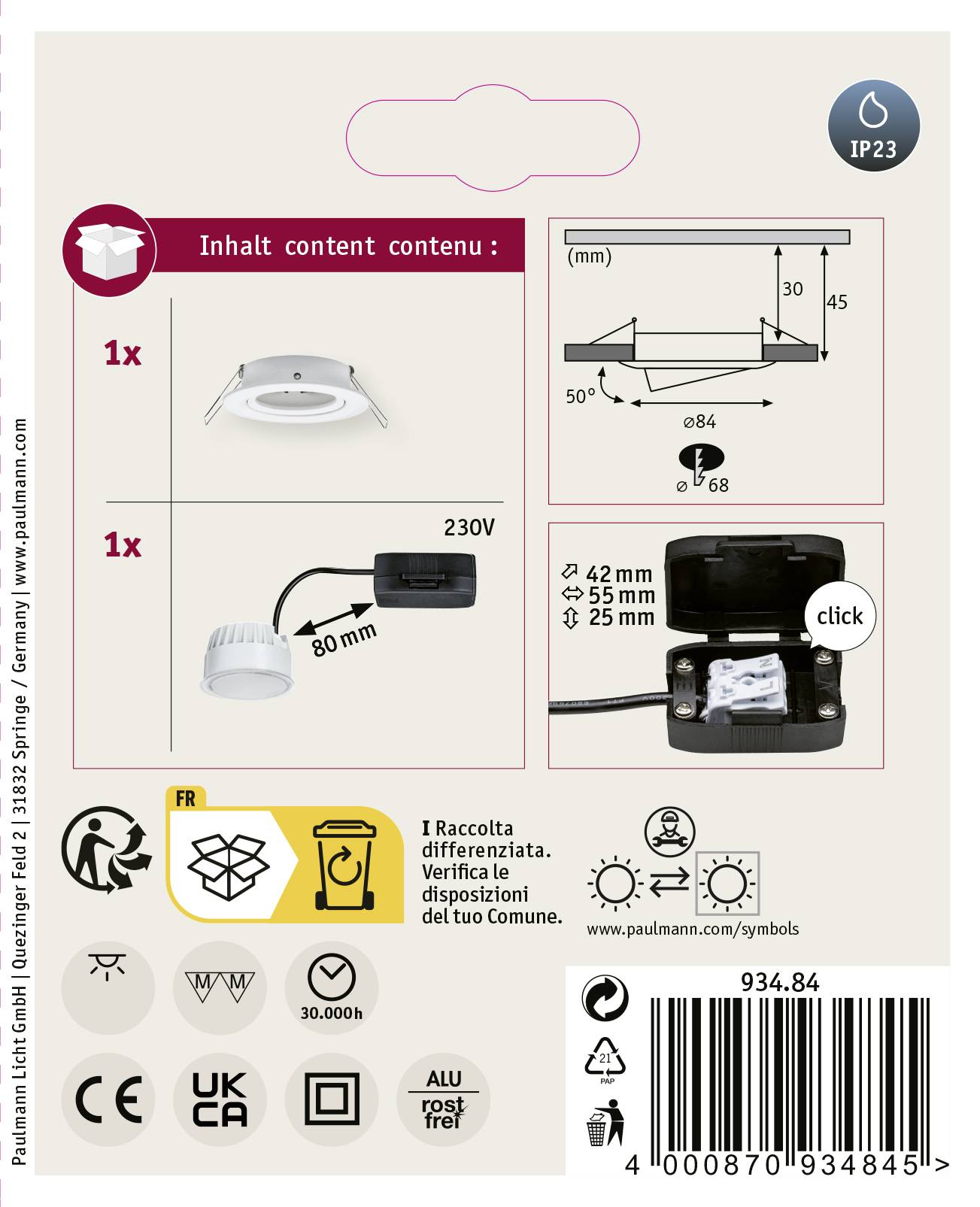 'Recessed Light Fitting': Contains a recessed light fitting, 230V connection, schematic with dimensions, symbols for IP23 protection rating, energy efficiency class.