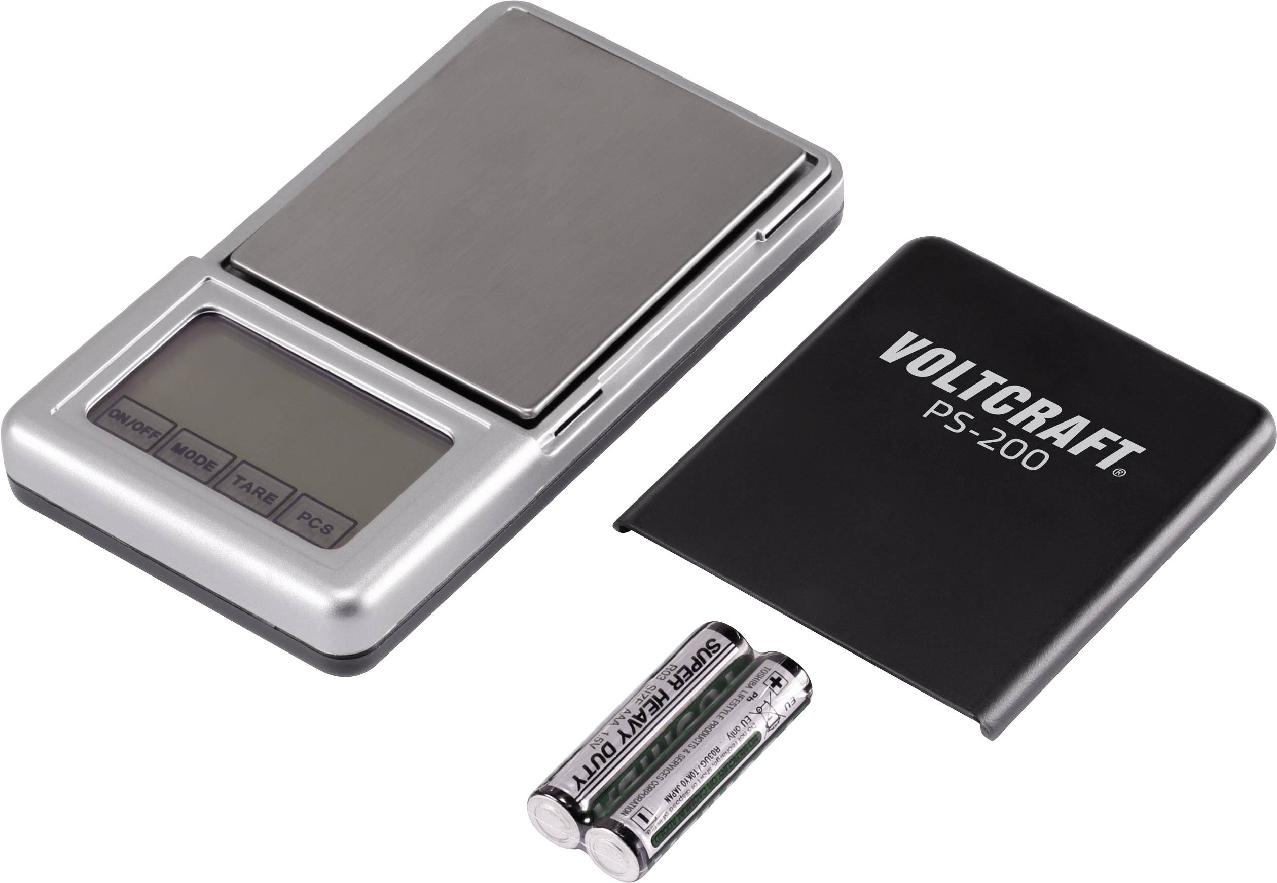 Digital pocket scales with two batteries and a removable cover. Brand: Voltcraft PS-200.