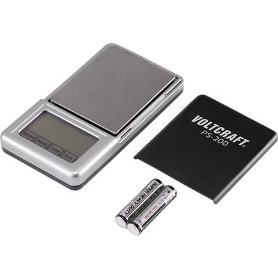 Digital pocket scales with two batteries and a removable cover. Brand: Voltcraft PS-200.