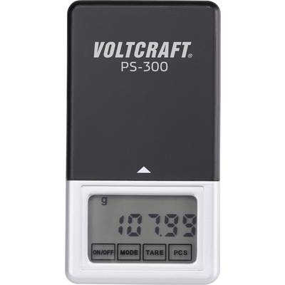Portable digital scales 'Voltcraft PS-300' display a weight of 107.99 grams on the screen.