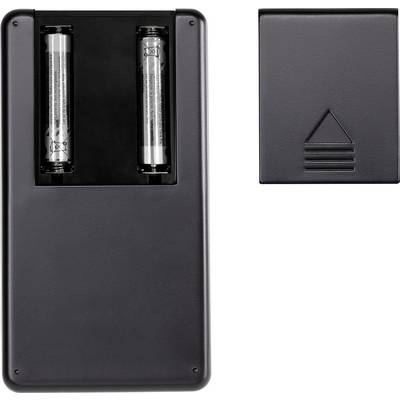 Back of a remote control with visible battery compartment and two batteries. Battery compartment cover placed separately beside it.