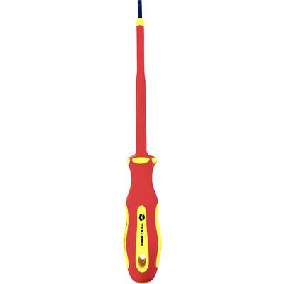 A red screwdriver with an insulated handle and yellow details, suitable for working under voltage.