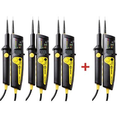 Three yellow and black voltage testers side by side, with digital displays and light-emitting diodes, next to a red plus sign and another tester.