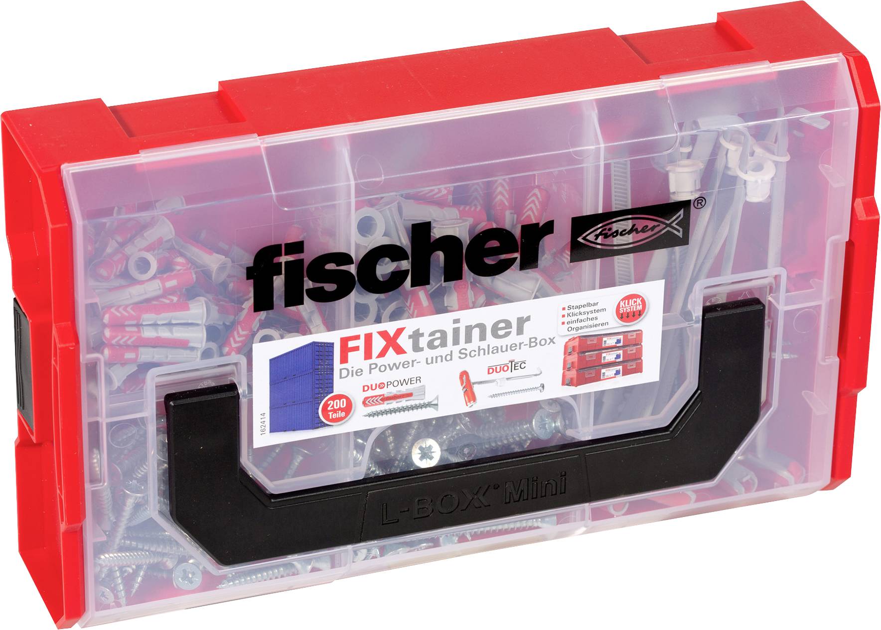 Transparent Fischer FixTainer wall plugs and screws organizer box with red lid and black handle, shown full of assorted hardware.