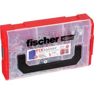 Transparent Fischer FixTainer wall plugs and screws organizer box with red lid and black handle, shown full of assorted hardware.