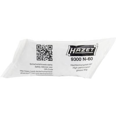 A packaged tube with the label 'HAZET 9300 N-60'. Contains high-performance grease, 60g. A QR code and a safety instruction are visible.