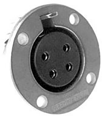 A black, round XLR connector with three holes, surrounded by a metallic, round plate with four mounting holes.