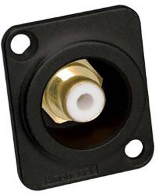 Black rectangular connection panel with a white and gold RCA socket, used for audio or video connections.