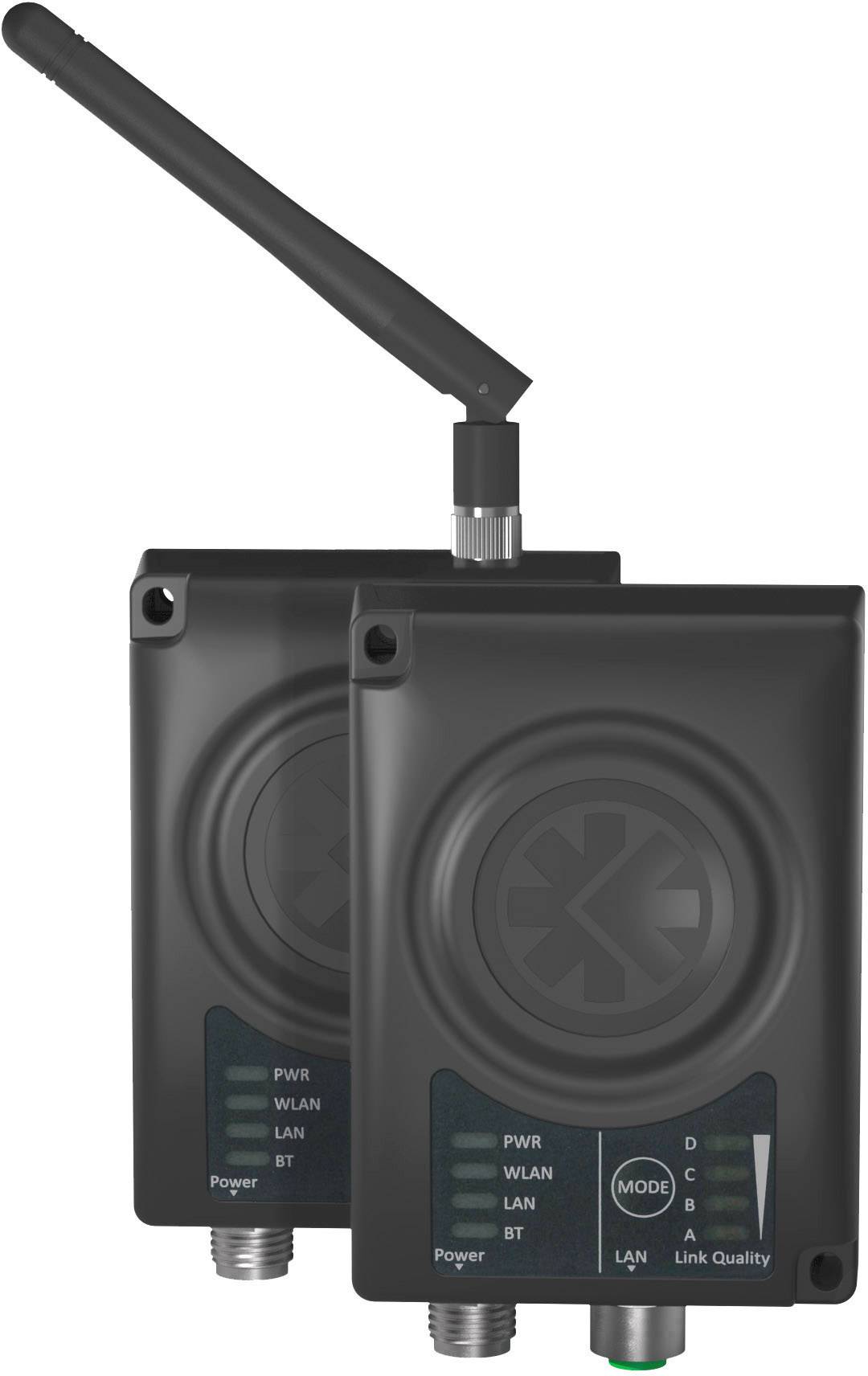 Two black, wireless communication devices with aerials, displaying operational LEDs and connection ports. They are used for data transmission.