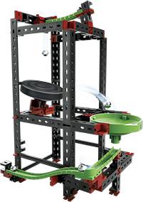 Marble run construction kit with black struts, green rails, and a rotating disc for guiding marbles.