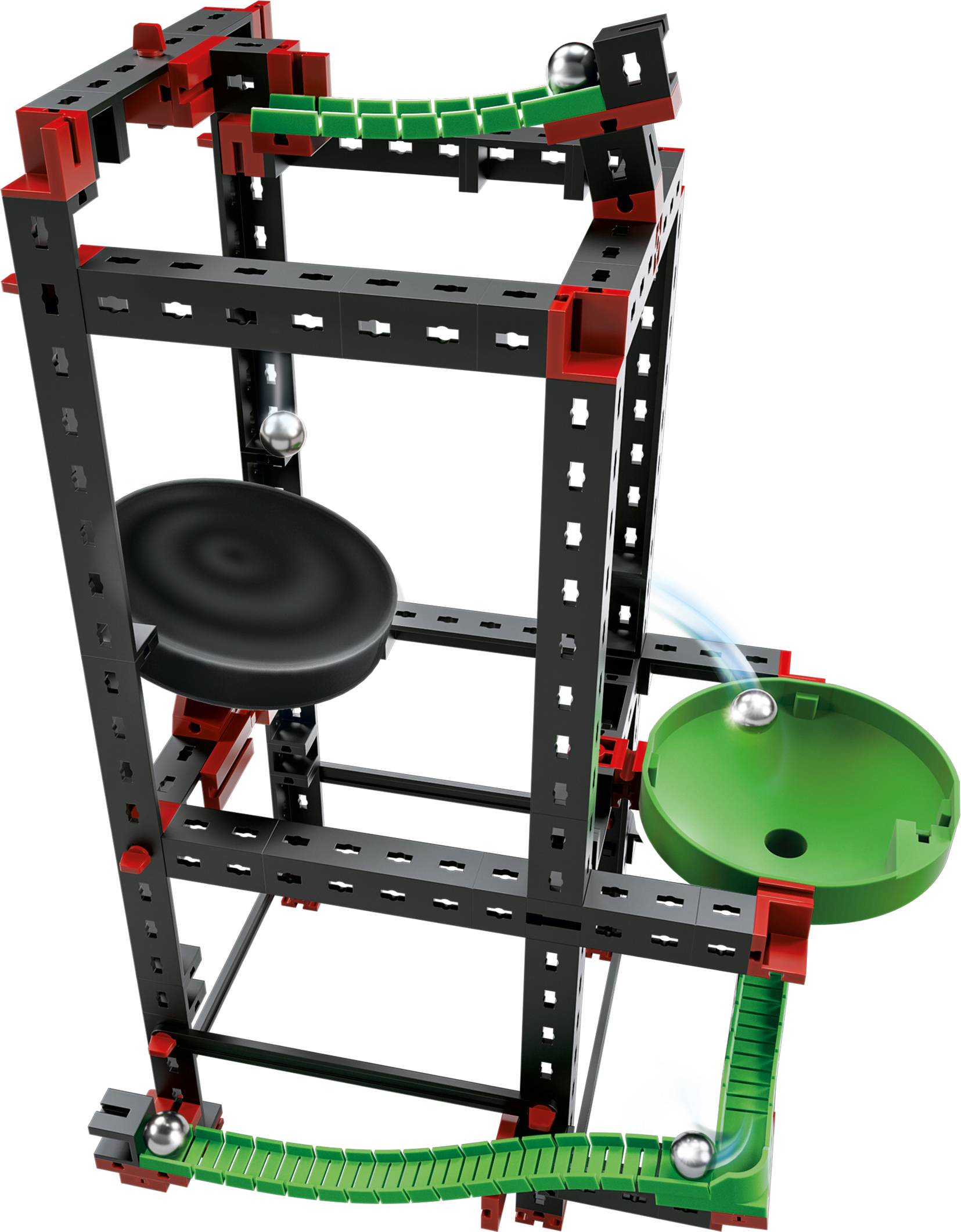 Plastic marble run with a black frame, green ramps and red connectors. A metal ball rolls through the track.