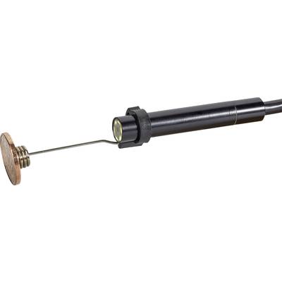 A black electronic device with a thin cable attached to a copper plate.
