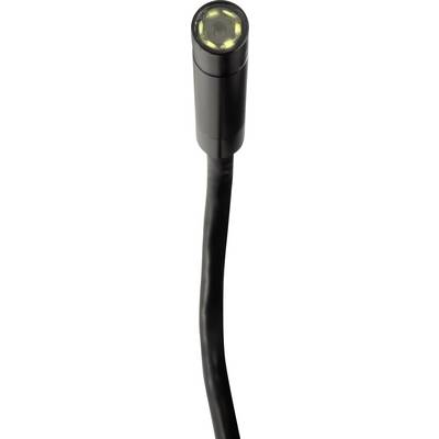 A black, flexible camera with a cylindrical head and integrated LEDs for illumination. Suitable for inspections.