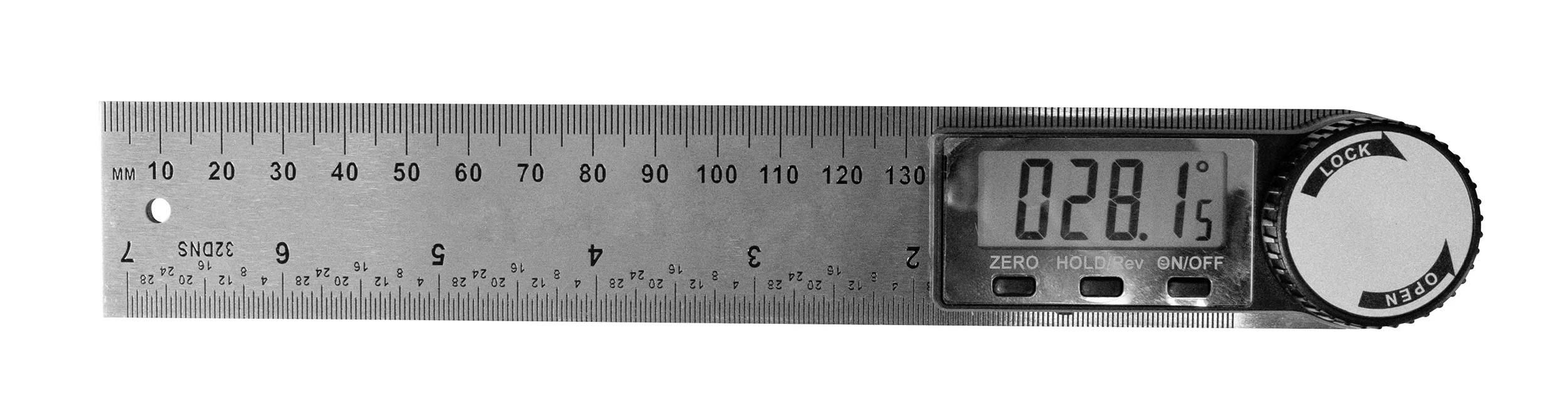 Digital protractor with metal ruler shows an angle of 28.15 degrees on the display.