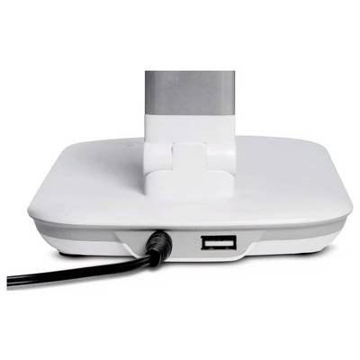Base of a white monitor stand with an attached power cord and a USB port on the back side.